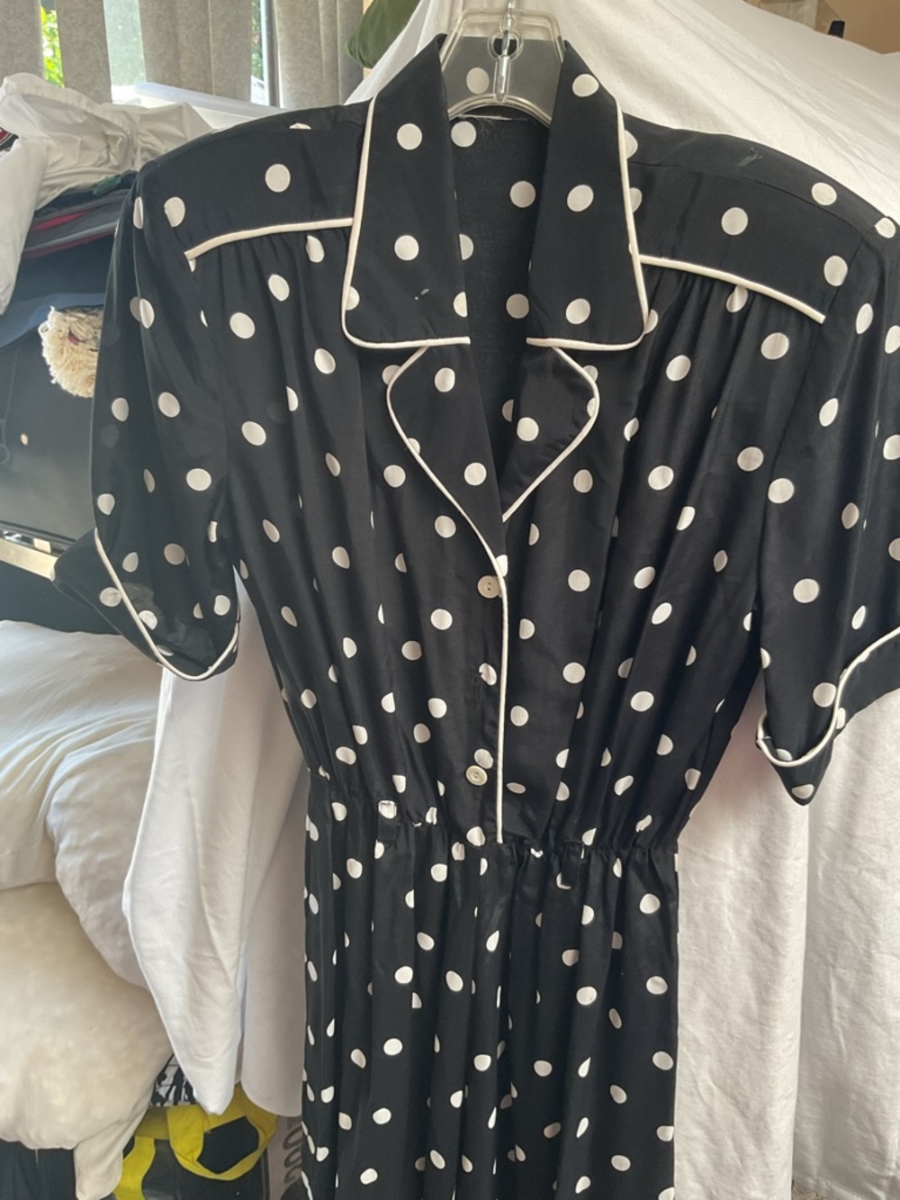 Vintage Black and White Polka Dot Button-Front Dress